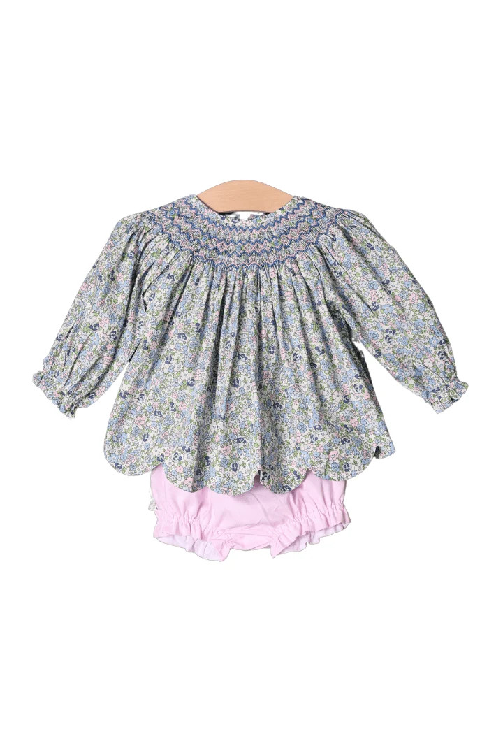 Smocked Heirloom Long Sleeve Blue and Pink Floral Bloomer Set | The Smocked Flamingo