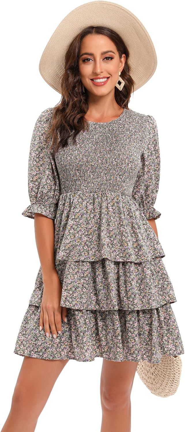 Modojuny Women's Floral Print Mini Dress Puff Sleeve Ruffle Tiered Swing Casual Dress | Amazon (US)
