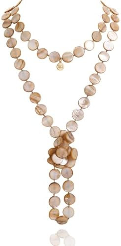 Firstmeet Flat Round Coin Shell Beads Long Knotted Necklace Natural Mother of Pearl Handmade Jewe... | Amazon (US)