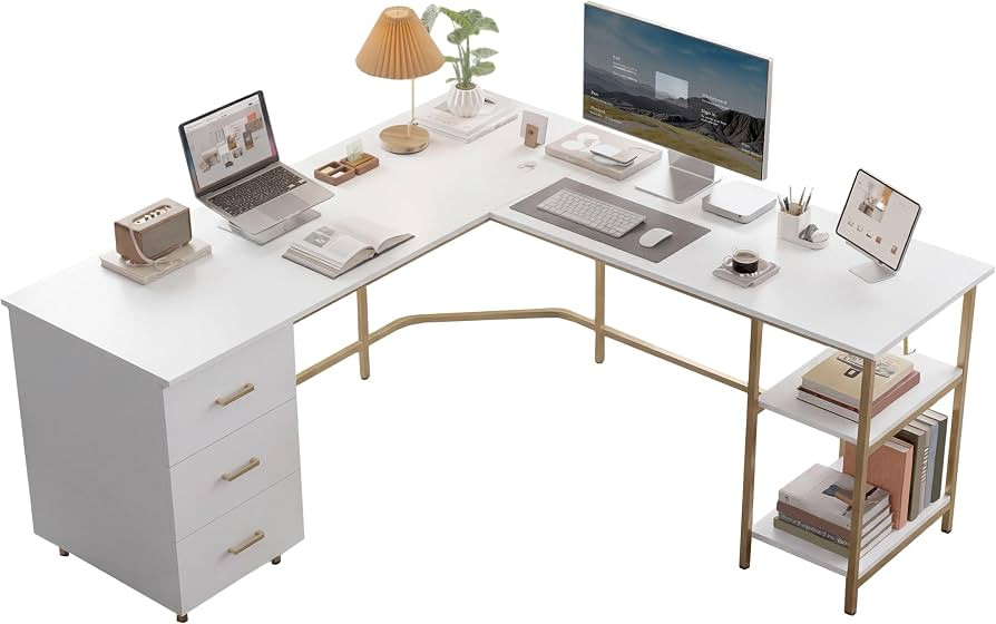 Amazon.com: Techni Mobili 59" Two-Tone L\u2011Shaped Office Desk with Storage Shelves, Gold | 59" two\u2011tone L\u2011shaped desk with storage shelves, durable frame, modern corner workstation, spacious home office writing space : Home & Kitchen | Amazon (US)