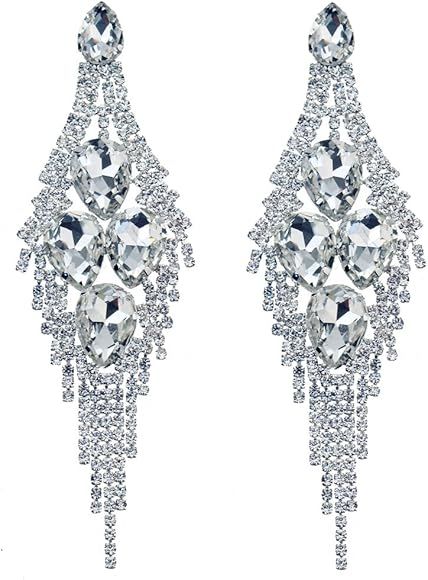 CHRAN Silver Teardrop Crystal Long Tassels Dangle Earrings Sparkling Rhinestone Ladies Gifts | Amazon (US)