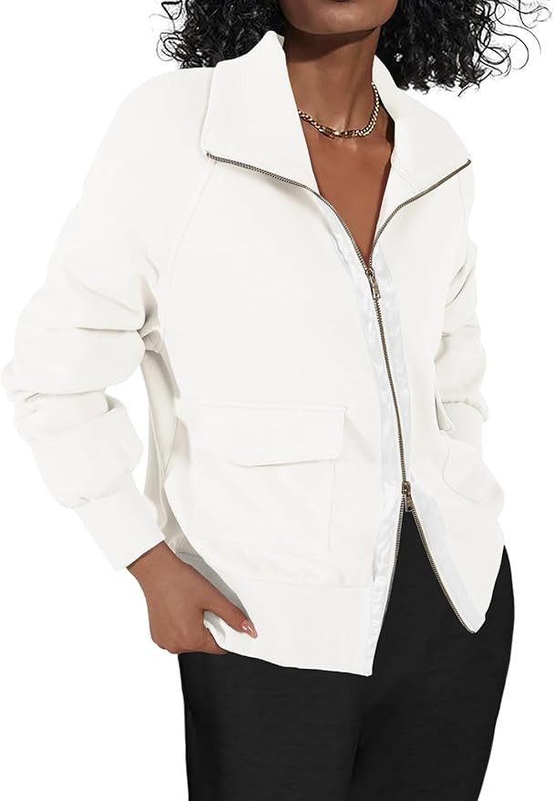 Fisoew Women's Zip up Sweatshirt Collared Neck Long Sleeve Loose Casual Lightweight Jacket with P... | Amazon (US)