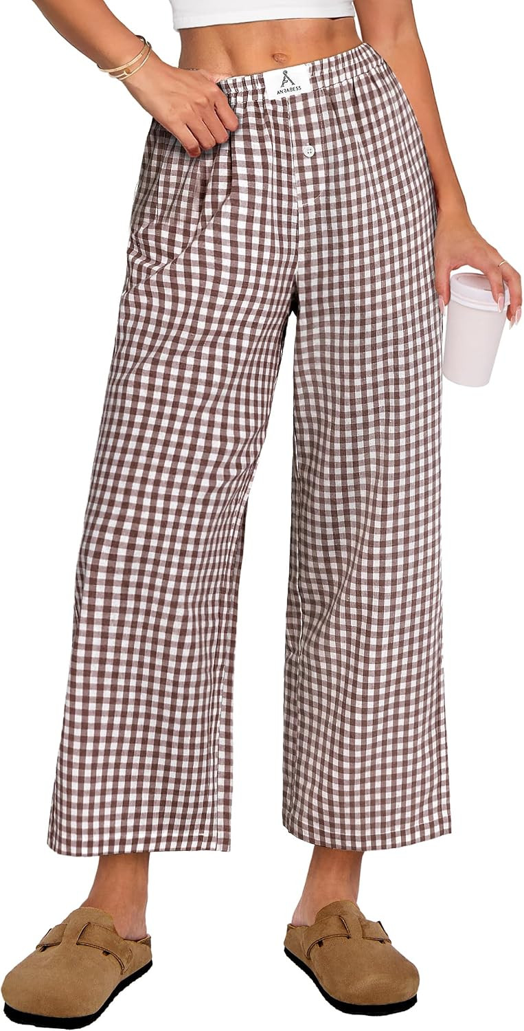 ANRABESS Womens Gingham Striped Pants, Palazzo & Cropped, Comfy & Cute, Lounge Pajama Plaid PJ Bottoms With Pockets | Amazon (US)