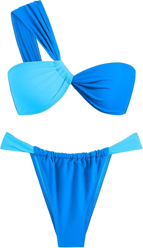 ZAFUL Women's One Shoulder Bikini Twisted Ruched High Cut Bandeau Bikini Set Two Piece Swimsuit | Amazon (US)