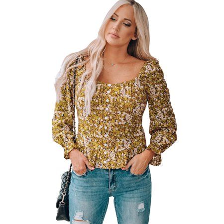 Women Yellow Square Neck Smocked Floral Top | Walmart (US)