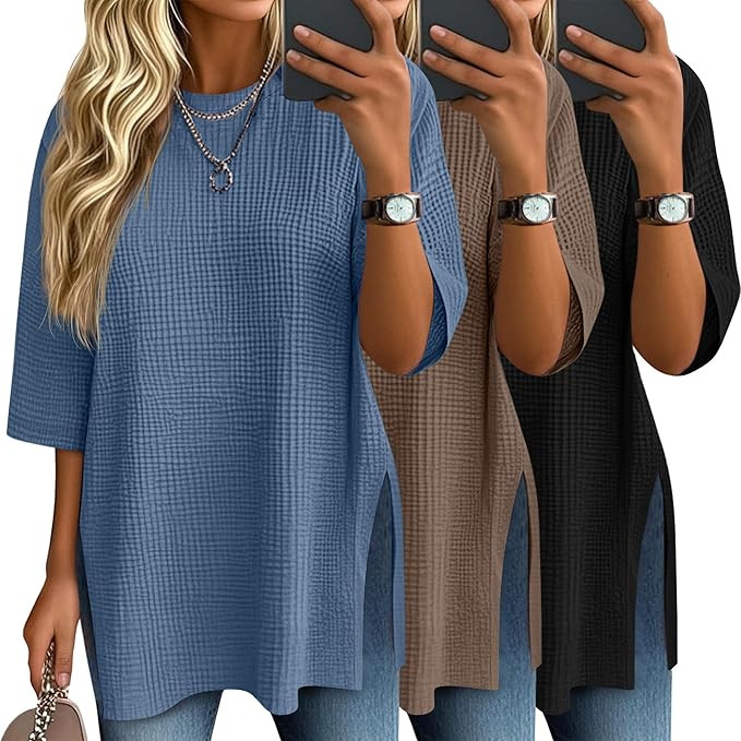 3 Pack Women's 3/4 Sleeve Waffle Knit Tops Oversized Crewneck T-Shirts Loose Casual Blouses Side ... | Amazon (US)