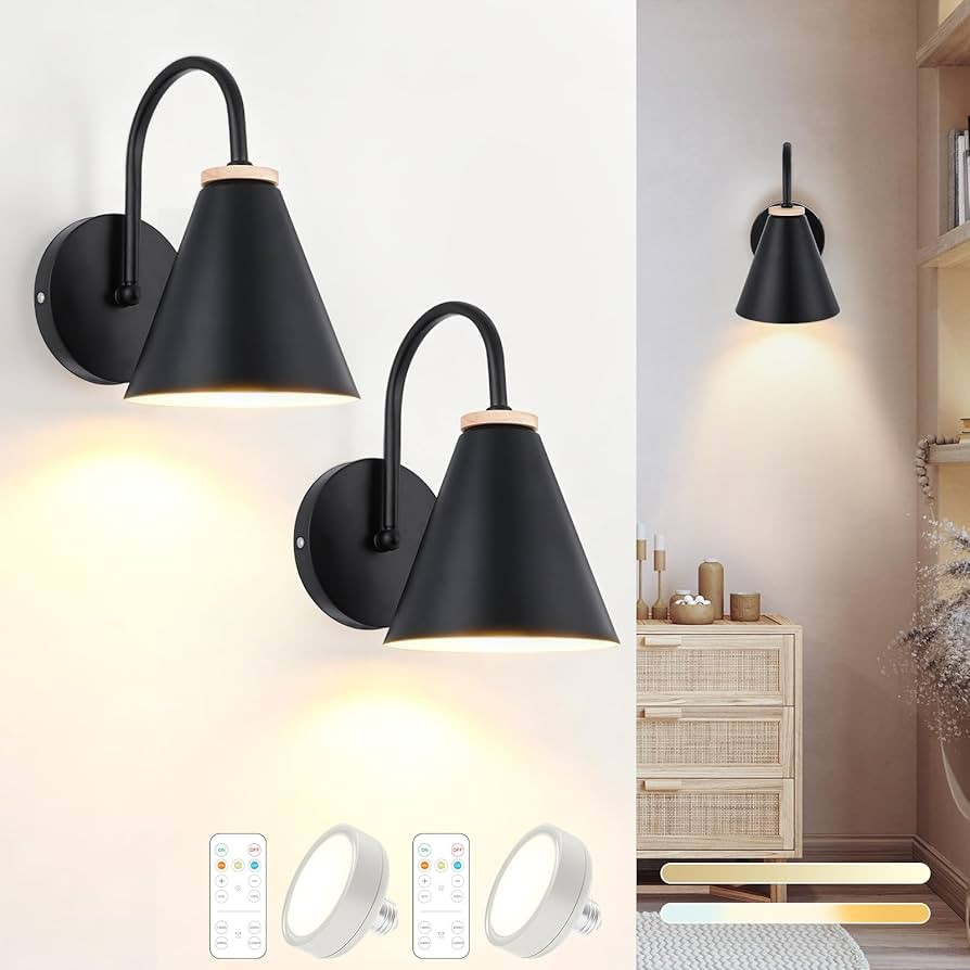 Battery Operated Black Faux-Wood Industrial Wall Sconce Set of Two, Easy to Install Not Wires, Re... | Amazon (US)