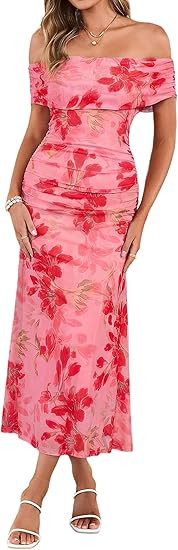 Simplee Womens Summer Floral Off Shoulder Maxi Dress 2026 Spring Ruched Bodycon Formal Wedding Gu... | Amazon (US)