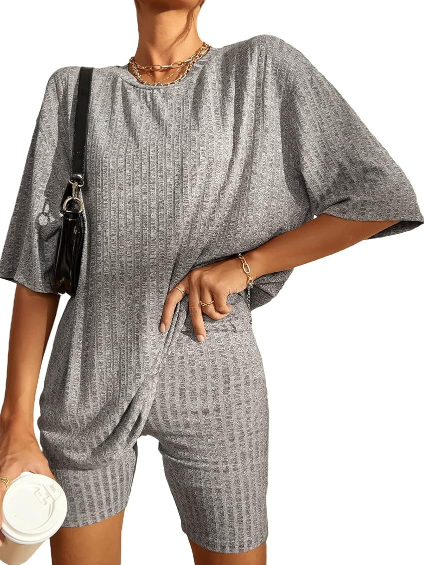 WDIRARA Women's 2 Piece Outfits Ribbed Short Sleeve Drop Shoulder Tee and Shorts Set | Amazon (US)