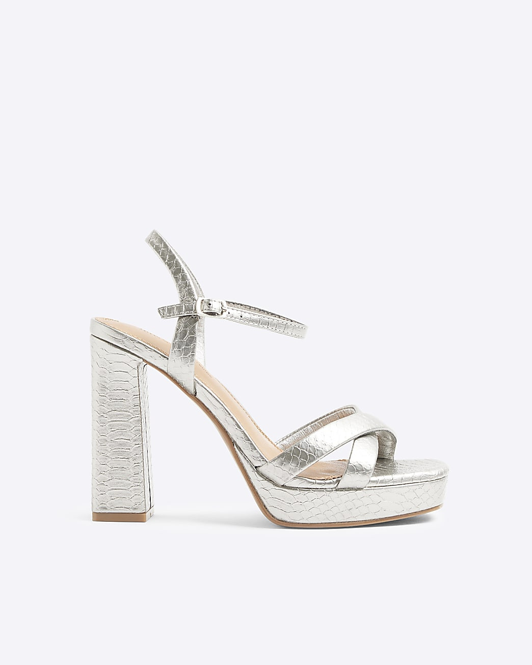 Silver croc embossed platform heeled sandals | River Island UK & IE