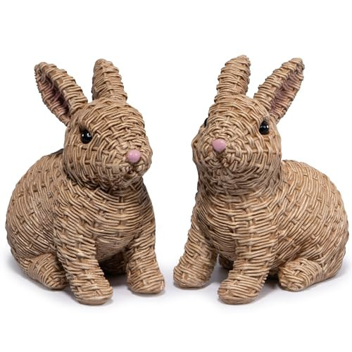Hodao Set of 2 Woven Easter Bunny Figurines - 4.8" Tall White Rabbit Resin Sculptures with Handcrafted Wicker-Style Design for Easter and Spring Home Décor (Brown Set 2) | Amazon (US)
