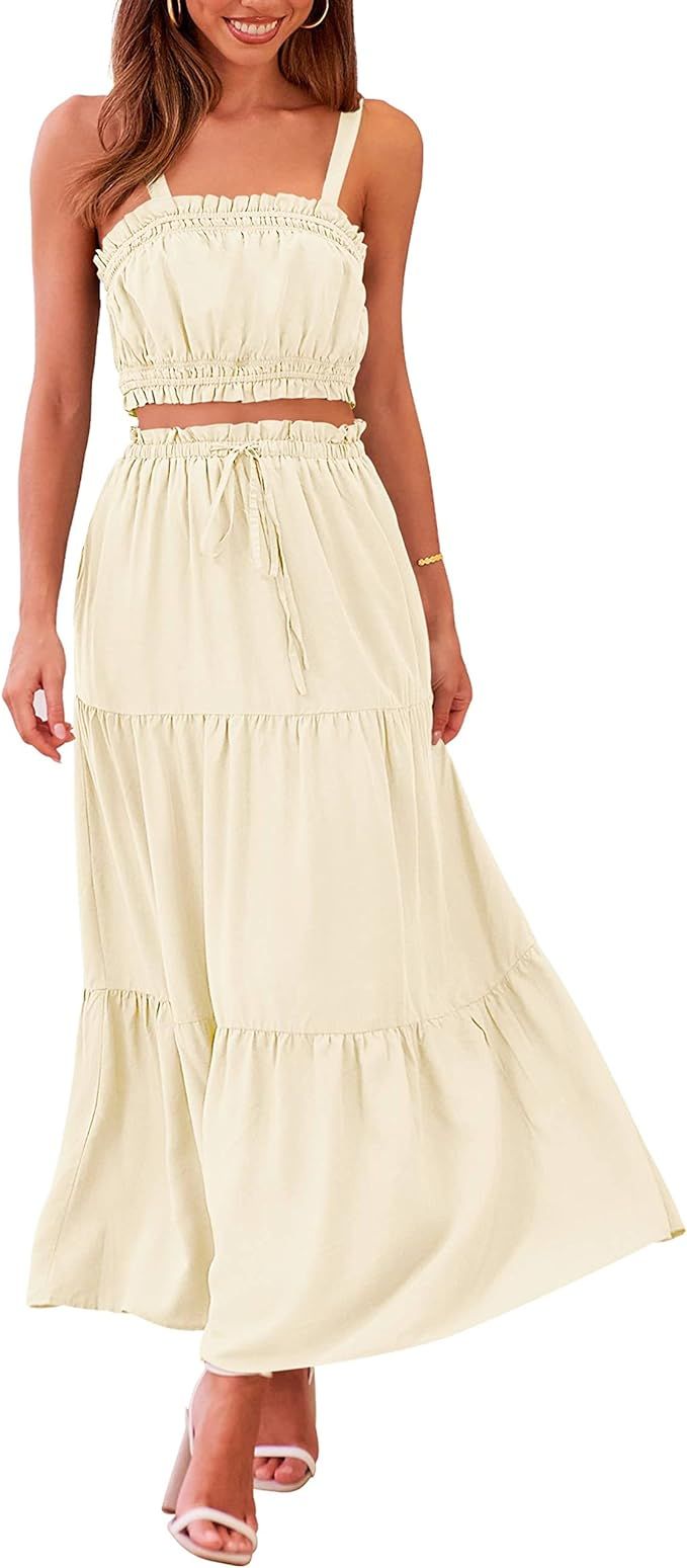 MEROKEETY Women 2 Piece Outfits Sleeveless Crop Top High Waist Long Skirt Set With Pockets | Amazon (US)