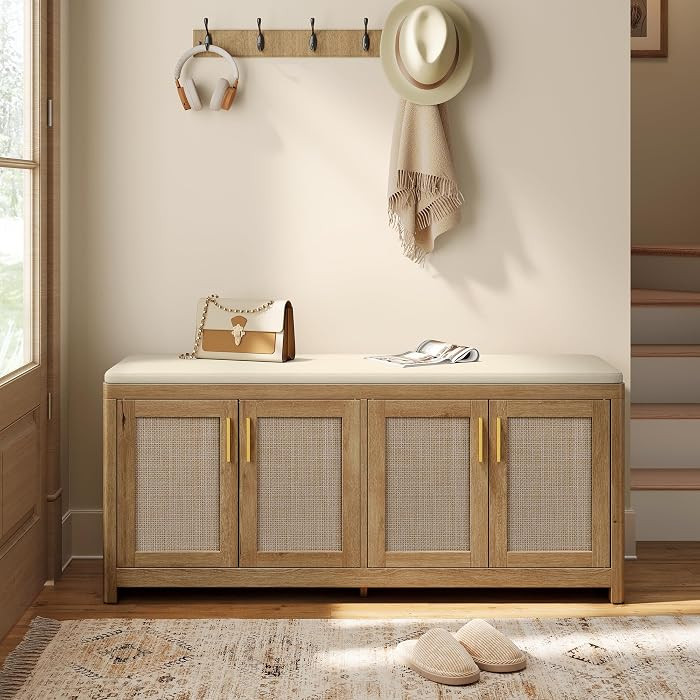 VASAGLE ELLAN Collection - Boho Shoe Bench with Cushion, Entryway Storage Bench with 4 Rattan-Loo... | Amazon (US)