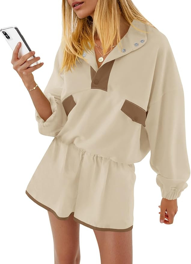 Fisoew Womens 2 Piece Outfits Sweatsuits Casual Snap Color Block Sweatshirts Running Shorts Sets ... | Amazon (US)