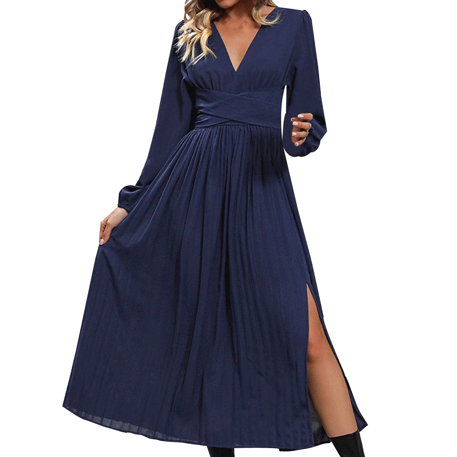 SHTXOZHIl Casual Wedding Guest Dress for Women Fall Long Sleeve V Neck A-Line Pleated Party Dress... | Walmart (US)