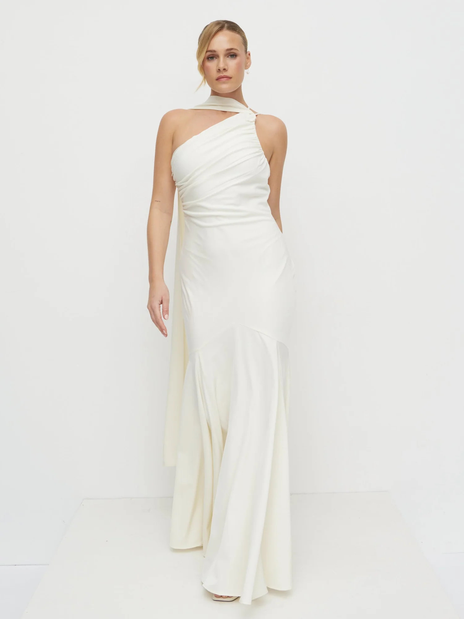 Porto One Shoulder Godet Maxi Dress - Ivory | Pretty Lavish (UK)