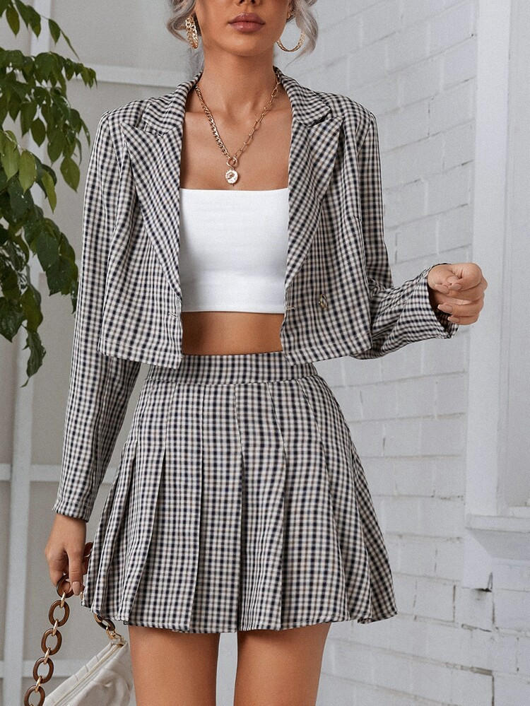 SHEIN Peak Neck Gingham Print Blazer & Pleated Skirt | SHEIN