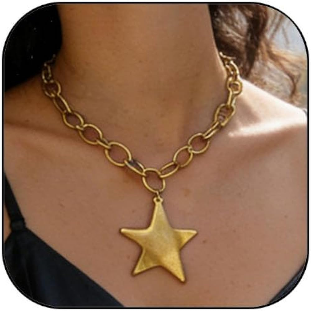 Chunky Gold Necklace for Women Men Gold Star Necklace Big Star Pendant Necklaces for Women Men Pu... | Amazon (US)