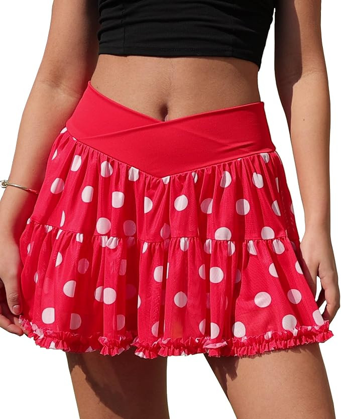 Flowy Tennis Skirt Athletic Skort with Shorts and Pockets Crossover Waist Mini Ruffle Skirts | Amazon (US)