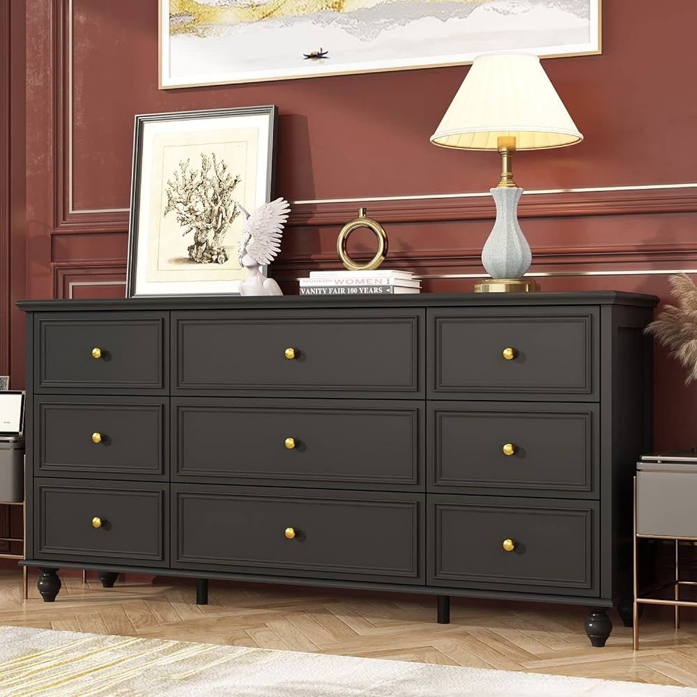 FAMAPY Chest of Drawers 9 Drawer Dresser Wood Dresser, Gold Metal Handles, Wooden Legs, 9 Drawer ... | Amazon (US)