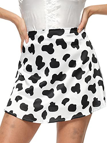 LYANER Women's Casual Cow Print Satin Silk High Waist Zipper Mini Short Skirt Cow White Small | Amazon (US)