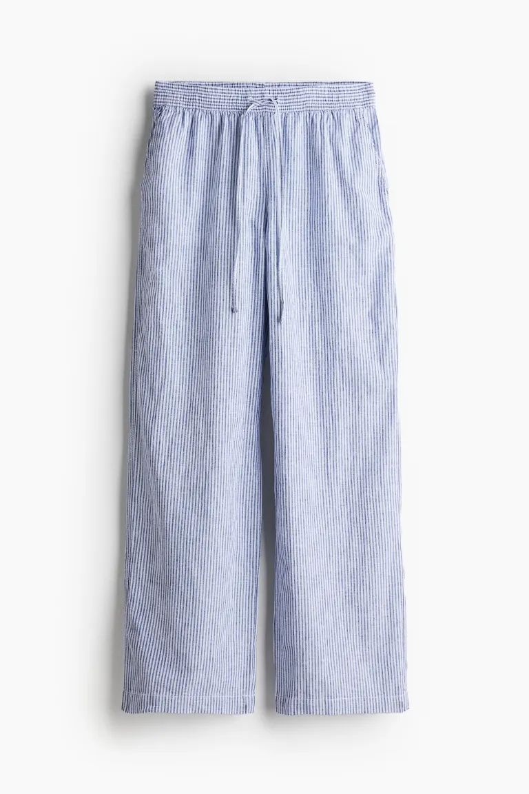 Linen-blend trousers - Regular waist - Long - Blue/Striped - Ladies | H&M GB | H&M (UK, MY, IN, SG, PH, TW, HK)