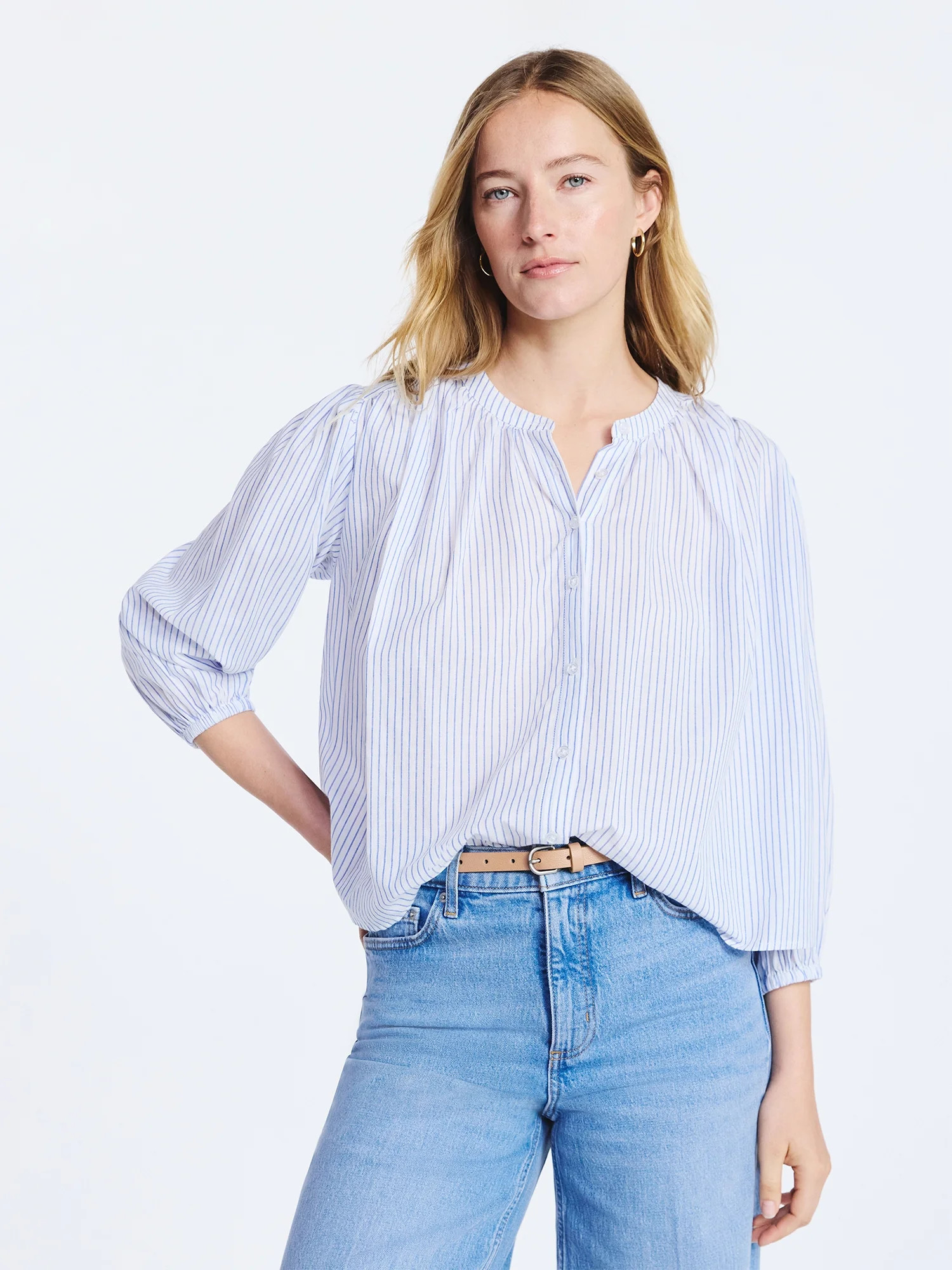 Free Assembly Women's Shirred Cotton Button Down Blouse with Long Sleeves, Sizes XS-XXL | Walmart (US)