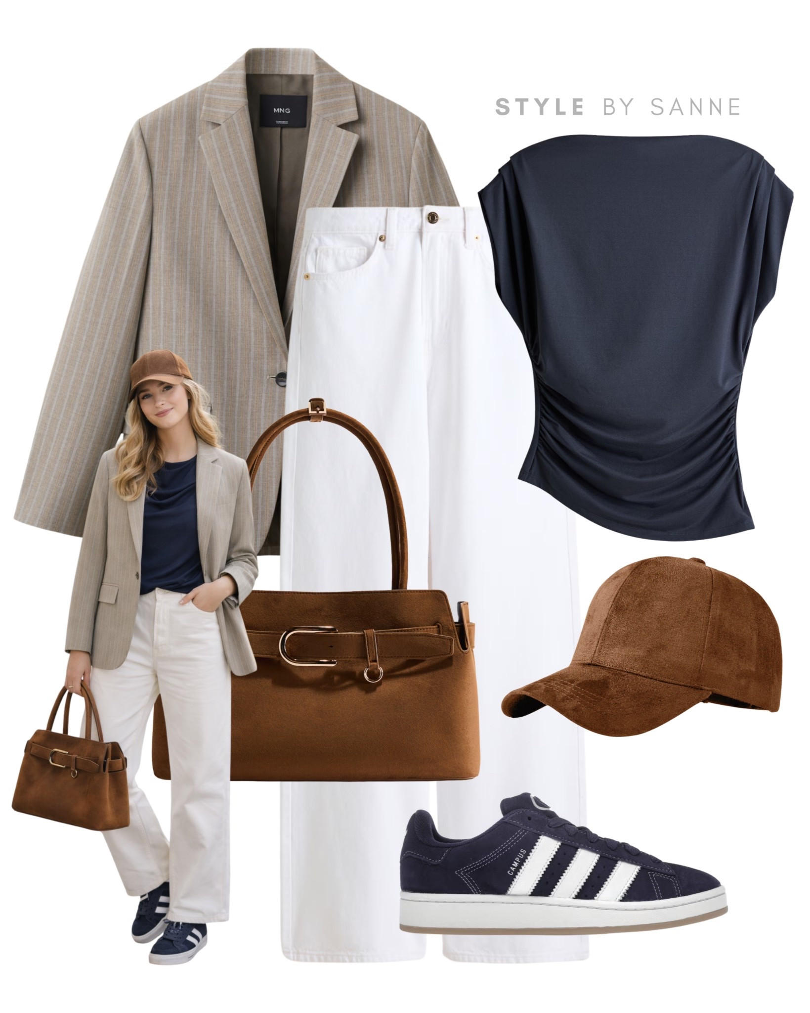 A tailored beige blazer layered over a navy top and crisp white trousers creates a clean, polished look. Styled with navy sneakers, a suede cap and a warm brown bag for effortless everyday elegance.🤌🏼

#LTKworkwear #LTKstyletip #LTKspring