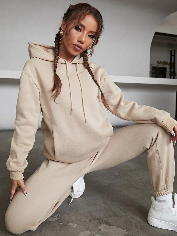 SHEIN EZwear Solid Drawstring Detail Thermal Lined Sweatshirt & Sweatpants | SHEIN
