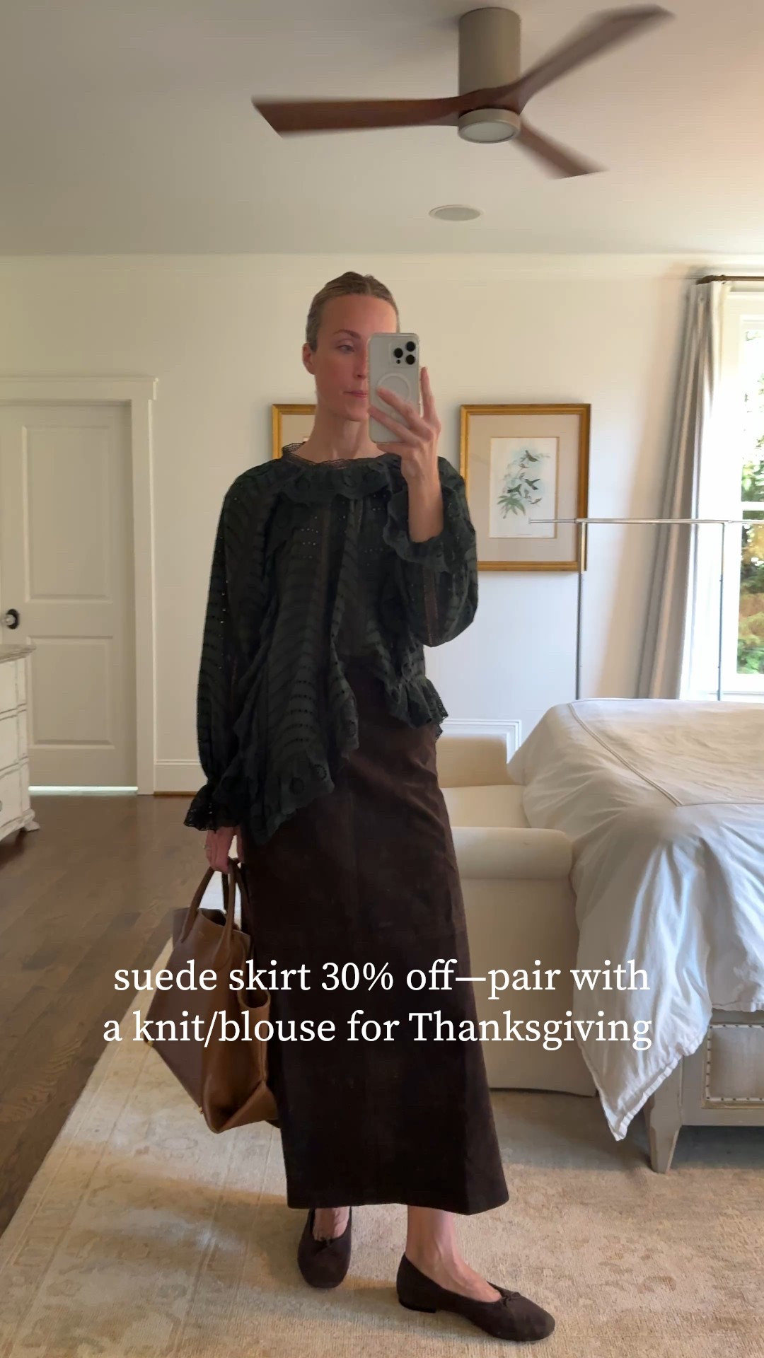 I love a suede or leather mini skirt (one of my fall essential pieces for most clients). This ones runs true to size and is on sale today! Blouse comes in two other versions that are less expensive. KHAITE tote is old, similar linked. Flats TTS.

Thanksgiving outfit, thanksgiving outfit inspo, suede skirt, suede midi skirt, brown skirt, fall skirt, fall top, fall outfit inspo

#LTKStyleTip #LTKSeasonal