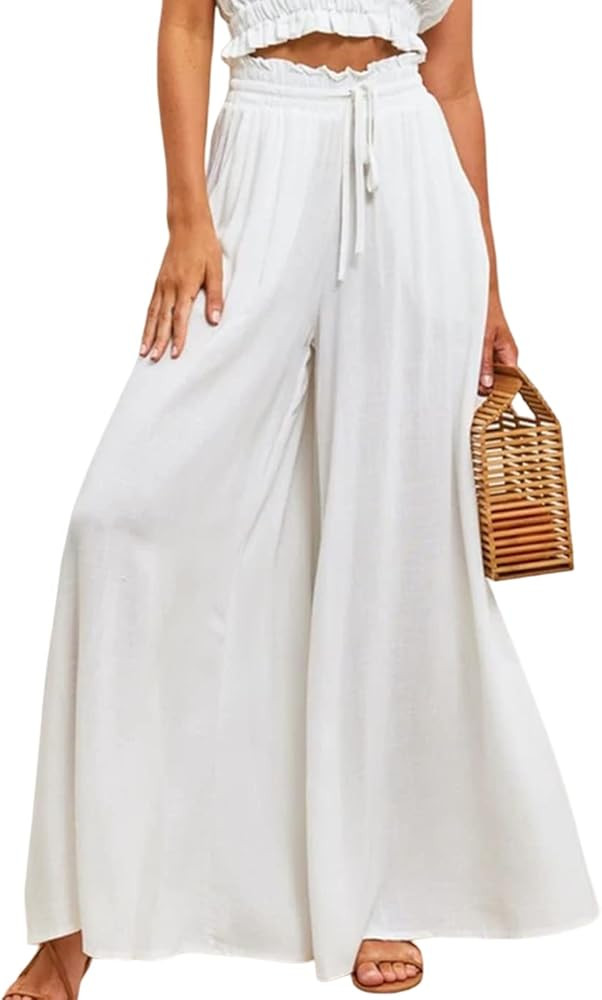 Malajisi Women's Casual Wide Leg Elastic Waist Pants Flowy Beach Palazzo Trousers with Pockets | Amazon (US)
