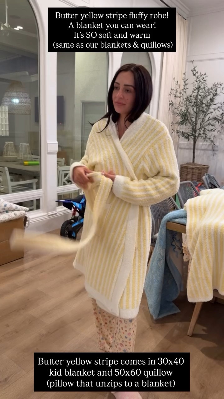 Butter yellow stripe fluffy robe!
A blanket you can wear!
It’s SO soft and warm
 (same as our blankets & quillows) Butter yellow stripe comes in 30x40 kid blanket and 50x60 quillow (pillow that unzips to a blanket)