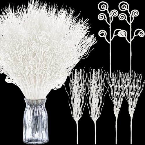 Tigeen 48 Pcs Christmas 17'' 12'' Artificial Glitter Curly Berry Stems Ornaments Fake Christmas Candy Picks Decorative Glitter Sticks Branches for Xmas Tree Wreath DIY Crafts Vase Filler(White) | Amazon (US)