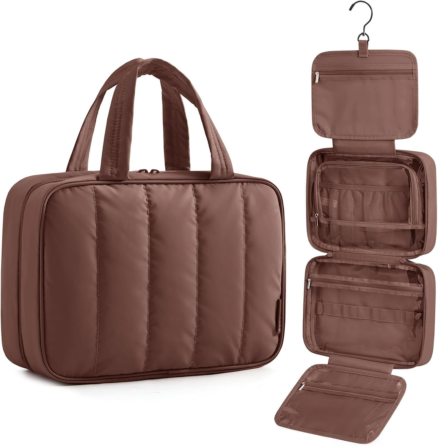 BAGSMART Travel Toiletry Bag for women, Portable Hanging Hook Makeup Bag Organizer, Waterproof Makeup Cosmetic Bag, for Full-Size Accessories, Toiletries,Coffee Brown | Amazon (US)