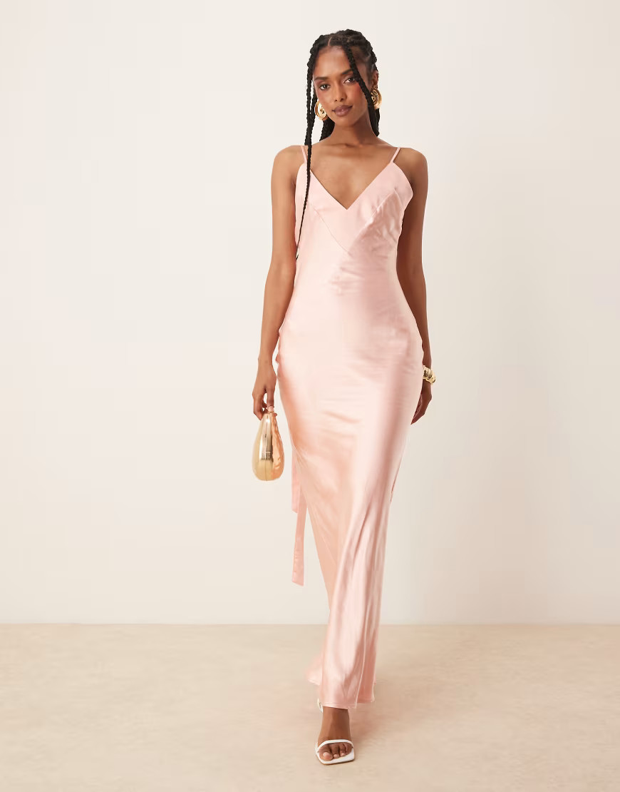 SNDYS Exclusive V-neck satin tie back detail maxi dress in pink | ASOS (Global)