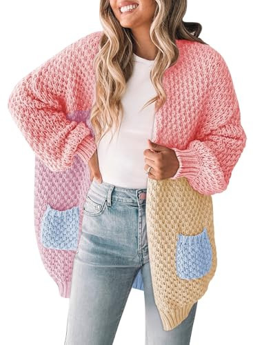 Pink Queen Women Colorblock Cardigan Sweaters Open Front Knit Sweater Going Out Loose Coat Yellow Cream M | Amazon (US)