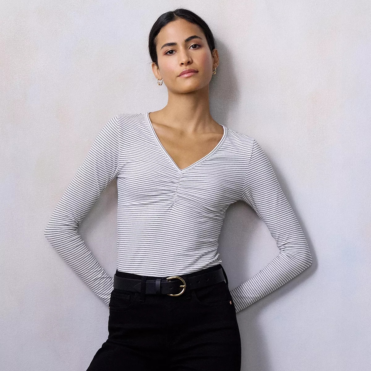 Women's LC Lauren Conrad Long Sleeve Ruched Front V-Neck Top | Kohl's