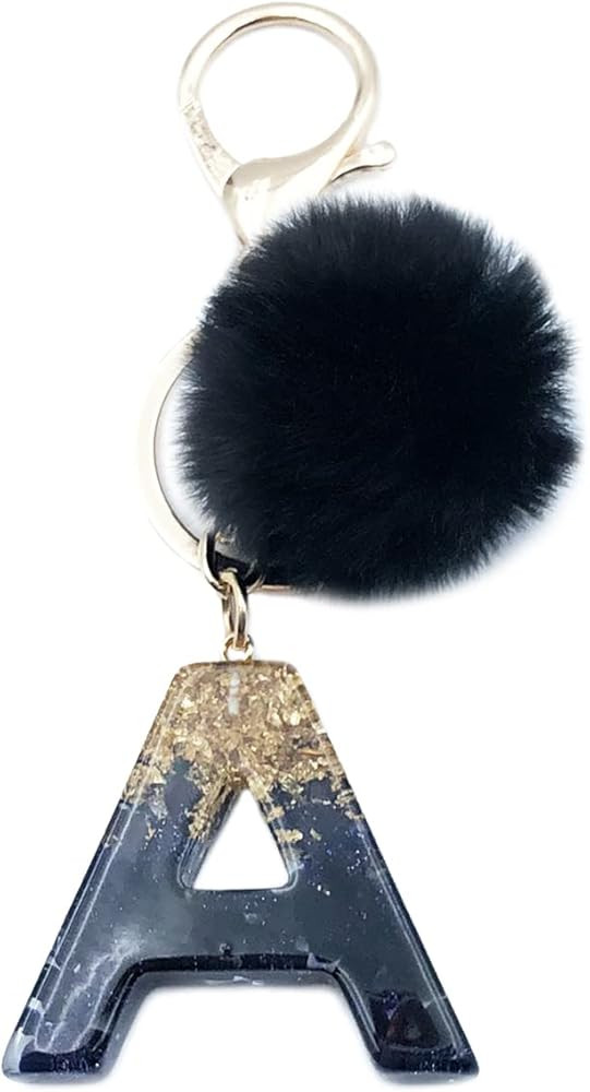 Initial Letter Keychain Resin Alphabet Key Ring Black for Purse Handbags Women with Fur Ball Pom | Amazon (US)