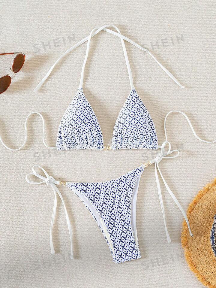 SHEIN Swim Mod Women's Allover Print Halter Neck Tie Sexy Bikini Set For Holiday Beach Swimming,S... | SHEIN