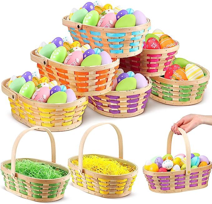 6 Pcs Round Woven Bamboo Easter Baskets with Hinged Handles and 6 Colors Grass Paper Shred for Ea... | Amazon (US)