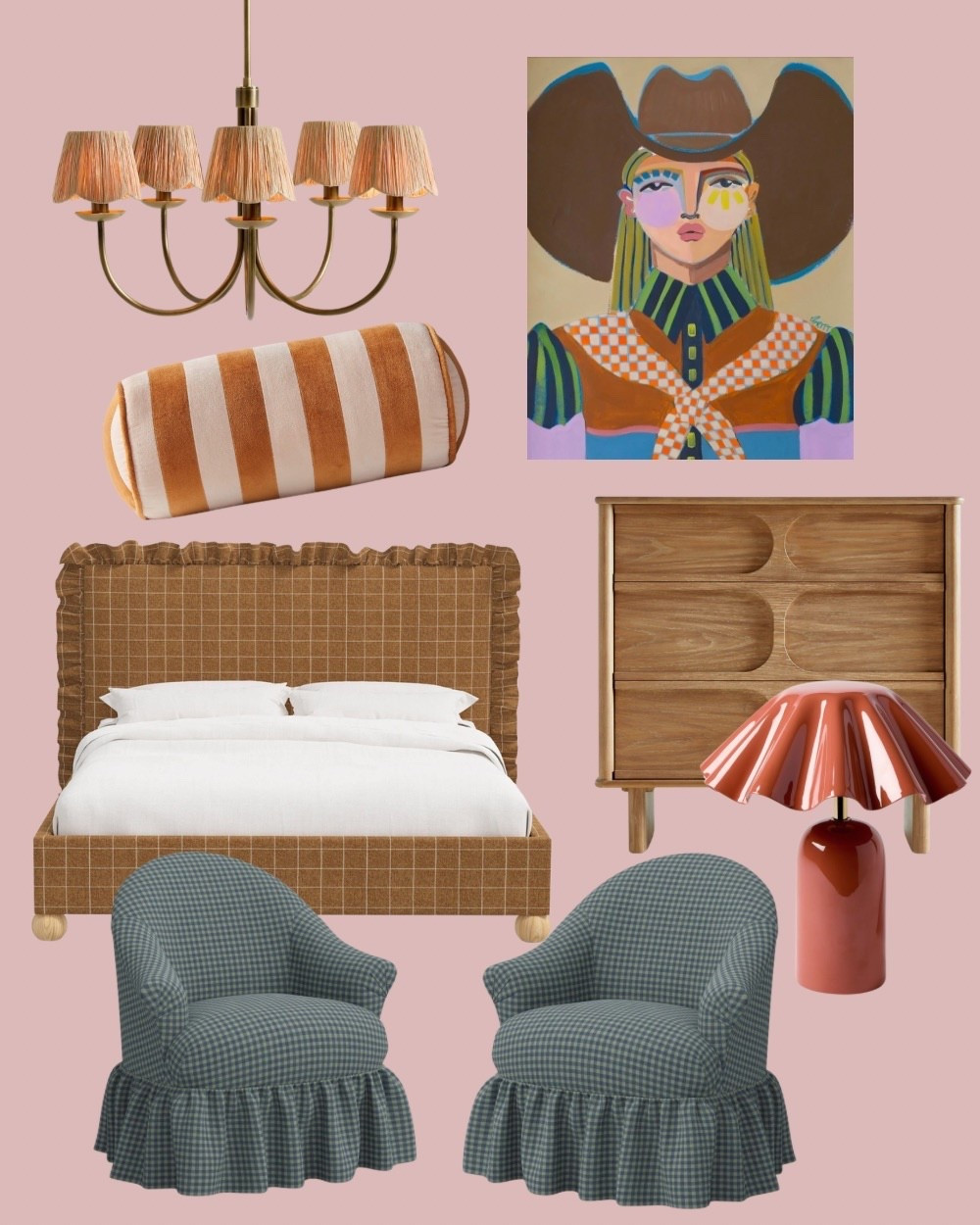 Art is Brittany Atkinson!!  Wish i had a link but look her up.  Loved this piece so decided to build a room around it!!  #Moodboard #bedroom #guestroom #Chairs #bed #lighting #pillows #decor 

#LTKOver40 #LTKHome #LTKSaleAlert