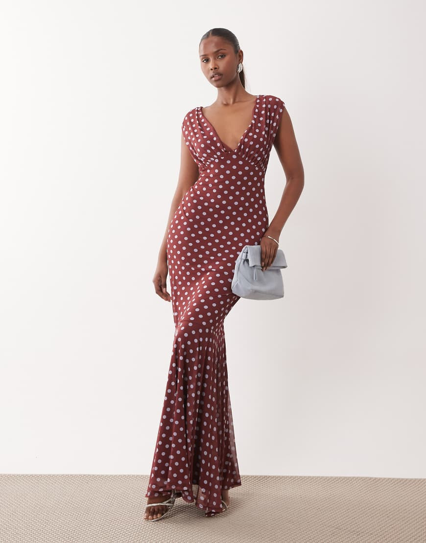 ASOS DESIGN mesh off shoulder maxi dress with fishtail skirt in pink polka dot print-Multi | ASOS (Global)