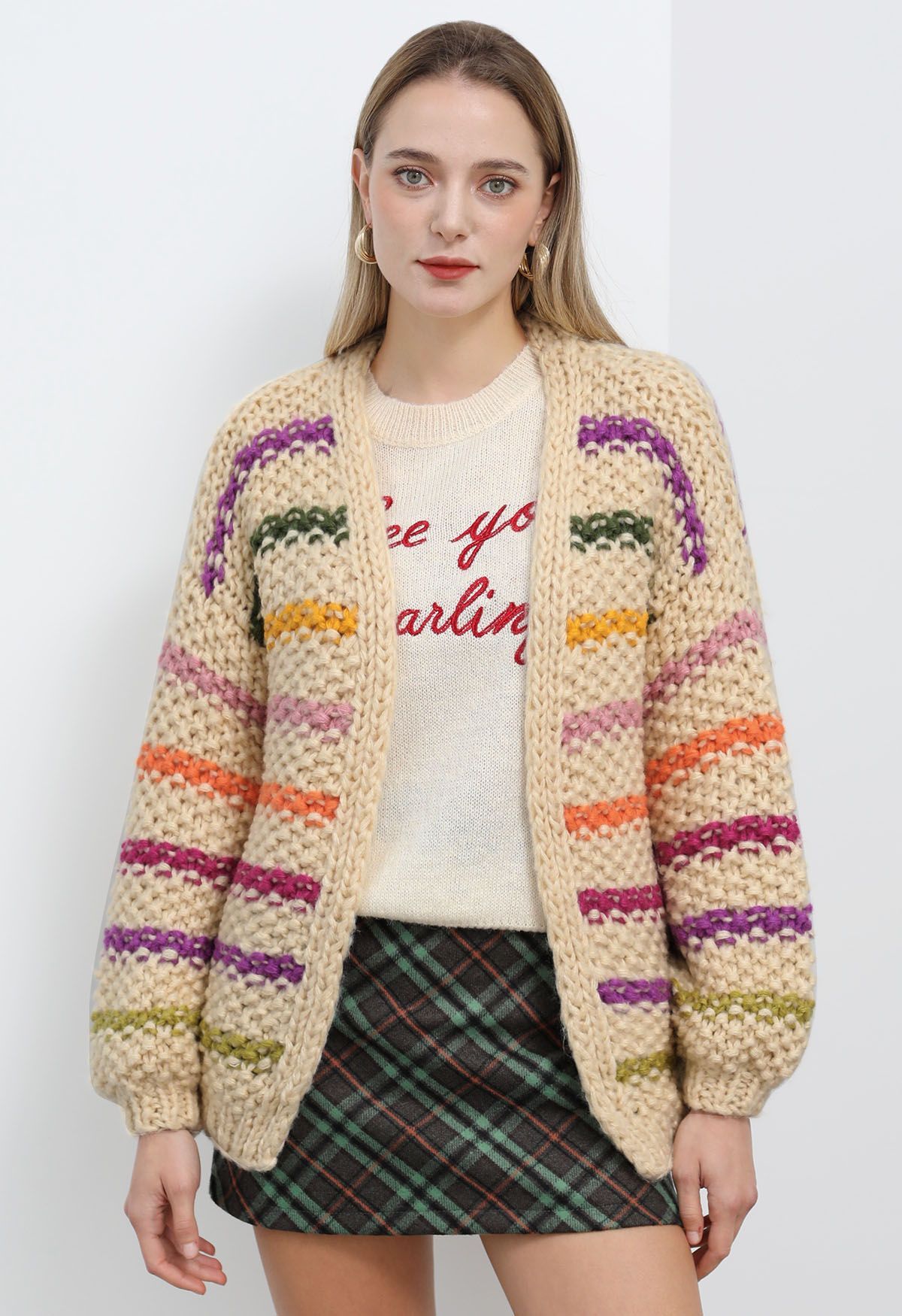 Colorful Stripe Open Front Hand Knit Cardigan | Chicwish