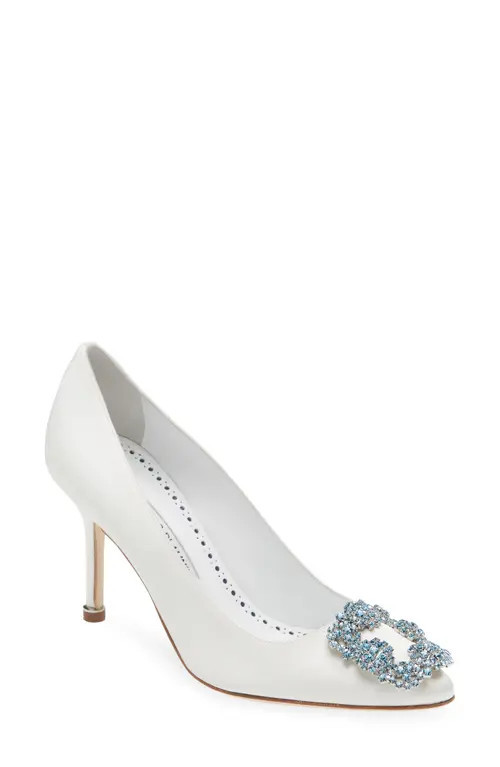 Manolo Blahnik Hangisi Blue Buckle Pump in Cream at Nordstrom, Size 12Us | Nordstrom
