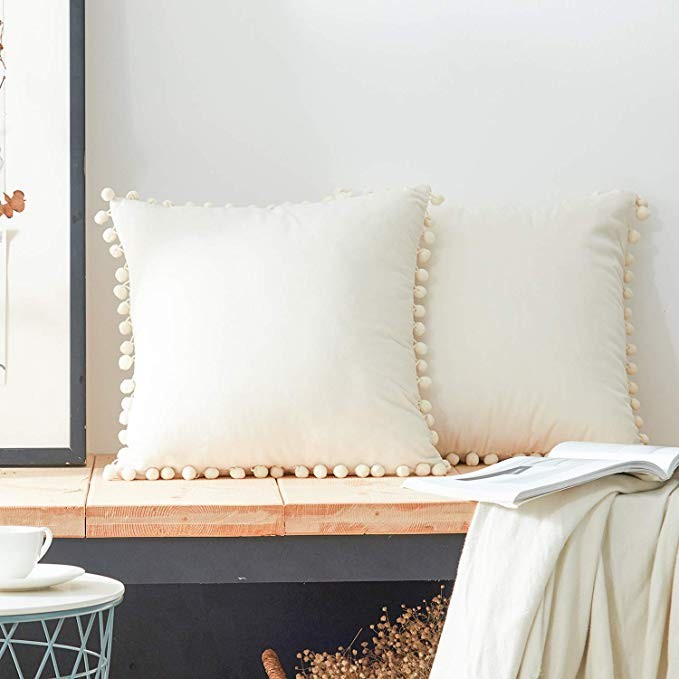 Top Finel Decorative Throw Pillow Covers with Pom-poms Soft Particles Velvet Solid Cushion Covers... | Amazon (US)