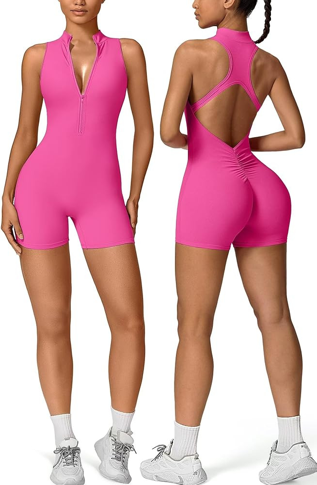 Vertvie Workout Jumpsuits for Women Zip Up Tummy Control Sleeveless One Piece Rompers Shorts V Ba... | Amazon (US)