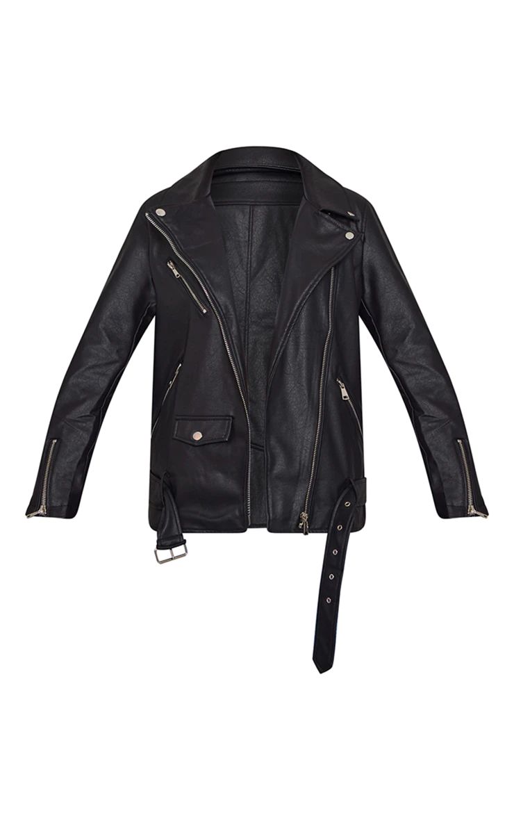 Black Faux Leather Longline Belted Biker Jacket | PrettyLittleThing US