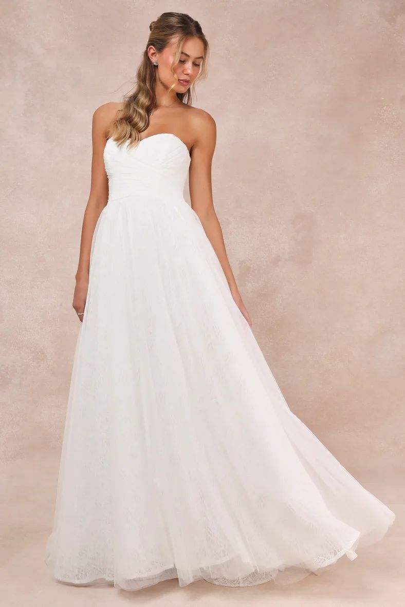 Blissful Forever White Tulle Lace Strapless Pleated Maxi Dress | Lulus