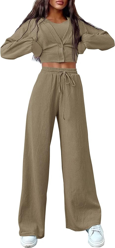 PRETTYGARDEN Womens 2024 Fall Track Suits 3 Piece Outfits Matching Sets Ribbed Knit Cardigan Crop... | Amazon (US)