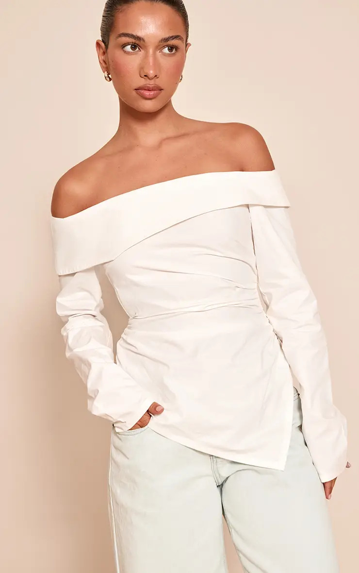 White Cotton Ruched Asymmetric Hem Bardot Top | PrettyLittleThing US